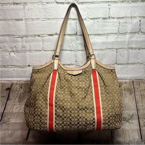 Coach Tan and Red Signature Tote Bag